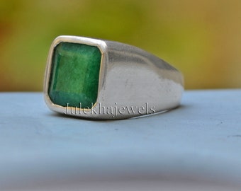 Natural Rich Green Raw Emerald Gemstone 925 Sterling Silver, 14K Yellow Gold Fill, 14K Rose Gold Fill Ring Jewelry, Signet Personalized Ring