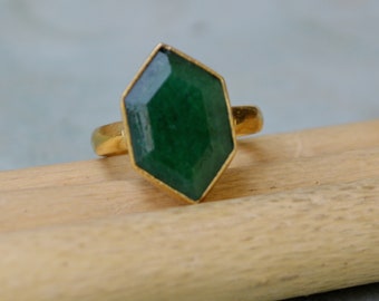 Emerald Ring, Sterling Silver Yellow Plated, Rose Gold Plated Gold Ring, Hexagon Raw Green Emerald Gemstone Artisan Birthstone Ring