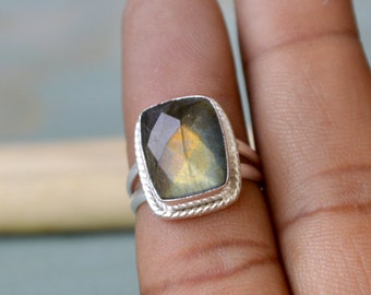 Labradorite Ring, Flashy Cushion Yellow Purple Labradorite Ring, .925 Sterling Silver, Yellow Gold Plated, Rose Gold Plated Ring Jewelry