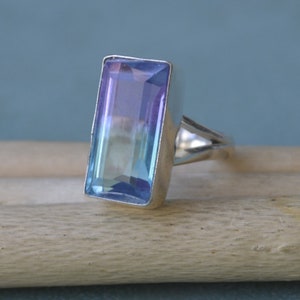 Tourmaline Quartz Ring, Sterling Silver Yellow Plated, Rose Gold Plated Gold Ring, Pink Blue Tourmaline Gemstone Artisan Birthstone Ring
