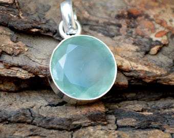 Round Faceted Aqua Chalcedony 925 Sterling Silver Pendant: Yellow, Rose Gold Overlay Jewelry