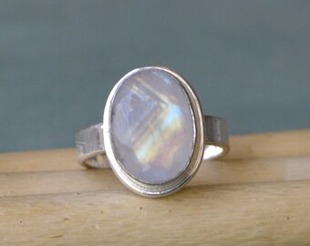 June Birthstone Oval Faceted Natural Rainbow Moonstone Ring, 925 Sterling Silver, Yellow Gold Plated, Rose Gold Plated Ring Jewelry