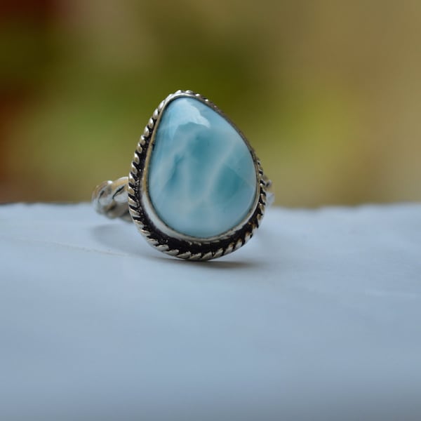 AA Natural Blue Larimar 925 Sterling Silver, 14k Yellow Gold Fill, 14K Rose Gold Fill Ring, Dominican Larimar Twisted Band Ring