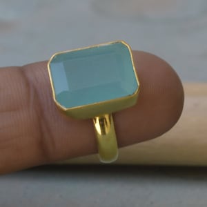 Cushion Faceted Aqua Chalcedony Ring, 925 Sterling Silver , 14K Yellow Gold, 14K Rose Gold Ring, Natural Emerald Cut Aqua Chalcedony Ring