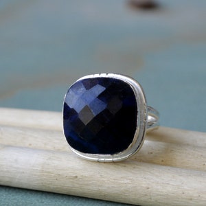 Blue Sapphire Ring, Cushion Shape Onyx Ring, Faceted Sapphire Ring, 925 Sterling Silver Gemstone Ring, Birthstone Silver Gift Ring