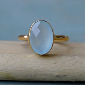 Oval Cab Rose Cut Aqua Chalcedony Gemstone Ring, Sterling Silver Yellow Plated, Rose Gold Plated Gold Ring, Aqua Chalcedony Gift Ring