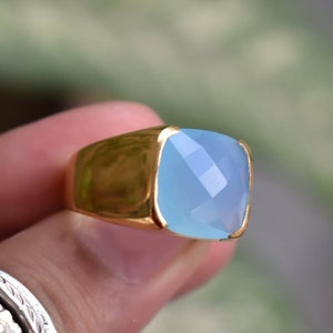 Rose Cut Aqua Chalcedony Gemstone 925 Sterling Silver, 14K Yellow Gold, 14K Rose Gold Fill Ring Jewelry, Unisex Aqua Chalcedony Signet Ring