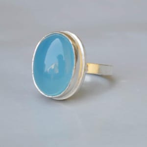 Oval Cab Natural Blue Chalcedony 925 Sterling Silver, 14K Yellow Gold Fill, 14K Rose Gold Fill Ring, Handmade Statement Dainty Simple Ring