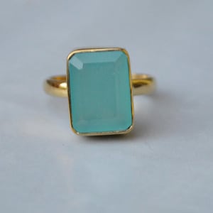 Cushion Faceted Aqua Chalcedony 925 Sterling Silver, 14K Yellow Gold Fill, 14K Rose Gold Fill Ring, Statement Dainty Aqua Wedding Gift Ring