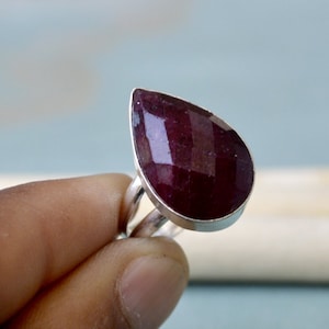Faceted Rich Red Pear Red Ruby Gemstone Ring, July Birthstone Red Ruby 925 Sterling Silver, 14K Yellow Gold Fill, 14K Rose Gold Fill Ring