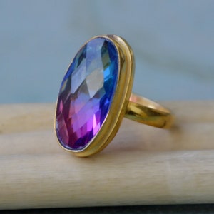 Oval Rose Cut Pink Blue Tourmaline Quartz Gemstone Ring, Sterling Silver Yellow Plated, Rose Gold Plated Gold Ring, Tourmaline Gift Ring