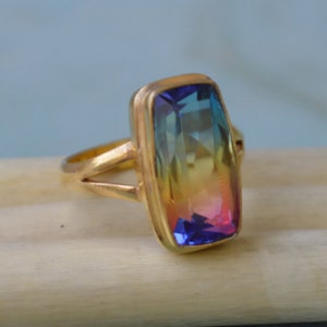 Cushion Cut Multicolored Tourmaline Quartz Gemstone Ring, Sterling Silver Yellow Plated, Rose Gold Plated Gold Ring, Tourmaline Gift Ring