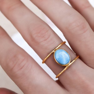Larimar Ring: 14K Gold Fill, Sterling Silver Double Band, Boho Statement