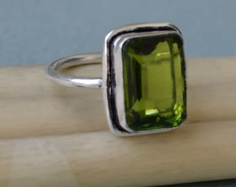 Cushion Cut Peridot Quartz Ring: Sterling Silver August Birthstone