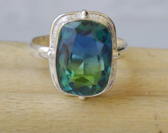 Green Blue Tourmaline Ring: Sterling Silver Statement Ring