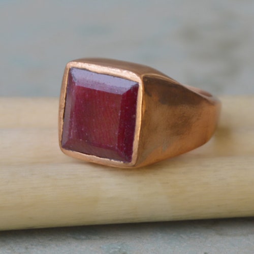 Square Raw Red Ruby Ring: Sterling Silver, Gold Fill Signet Statement Ring