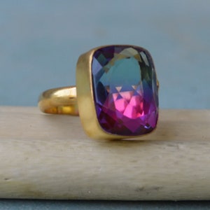 Pink Blue Tourmaline Quartz Gemstone Ring, Sterling Silver Yellow Plated, Rose Gold Plated Gold Ring, Tourmaline Quartz Gift Ring