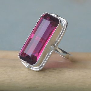 Cushion Cut Rhodolite Garnet Quartz Ring, 925 Sterling Silver,  14K Yellow Gold, 14K Rose Gold Overlay Ring, Pink Garnet Artisan Jewelry