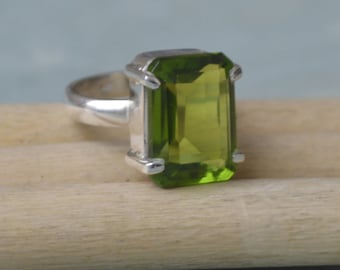 Cushion Cut Green Peridot Quartz Ring: Sterling Silver Statement Ring