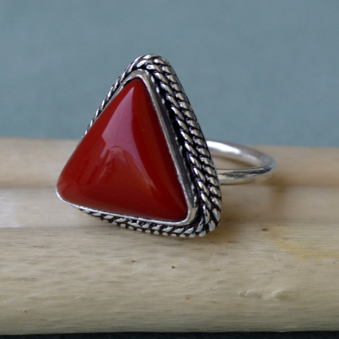 Triangle Red Coral Ring: Artisan Sterling Silver Gemstone Jewelry - Etsy