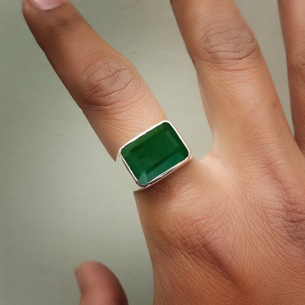 Natural Octagon Rich Green Emerald 925 Sterling Silver, 14K Yellow Gold Fill, 14K Rose Gold Fill Ring, Personalized Signet Ring