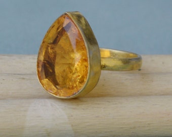 Yellow Citrine Ring, Sterling Silver Yellow Plated, Rose Gold Plated Gold Ring, Yellow Mandarin Citrine Quartz Gemstone Artisan Gift Ring