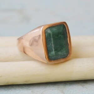 Cushion Cut Raw Green Emerald 925 Sterling Silver, 14K Yellow Gold Fill, 14K Rose Gold Fill Ring, Signet Personalized May Birthstone Ring