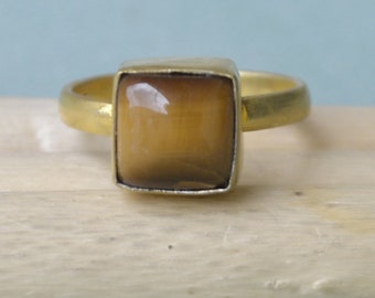 Square Tiger Eye Ring, Sterling Silver, Gold & Rose Gold Plated