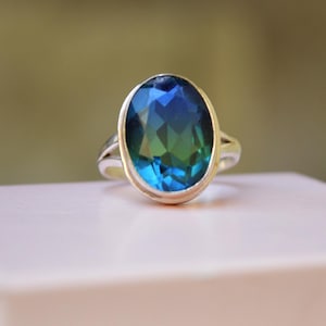 Blue Green Tourmaline Quartz 925 Sterling Silver, 14K Yellow Gold, 14K Rose Gold Band Ring, Solid Statement Wedding Gift Ring Jewelry