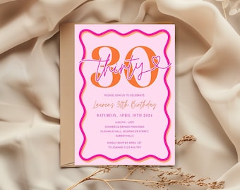 Pink Wavy Border 30th Birthday Invitation Women, Scalloped 30th Party Invite for Her Printable, Editable Thirty Digital Orange, Corjl PP84