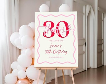 Wavy Border Welcome Sign 30th Birthday Women, Pink Scalloped 30th Birthday Party Welcome for Her, Editable Thirty Welcome Board, Corjl PP84