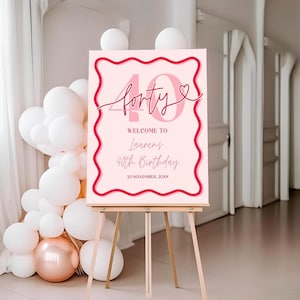 May include: Pink and red welcome sign with a wavy border. The sign says "forty" with a heart and "Welcome to Lauren's 40th Birthday 10 November 20XX".