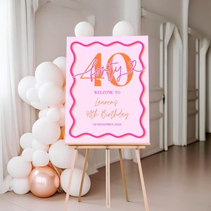 Wavy Border Welcome Sign 40th Birthday For Her, Pink Orange 40th Birthday Party Welcome Women, Editable Forty Welcome Poster, Corjl PP84