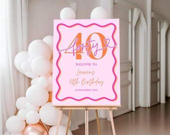 Wavy Border Welcome Sign 40th Birthday For Her, Pink Orange 40th Birthday Party Welcome Women, Editable Forty Welcome Poster, Corjl PP84