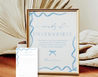 Blue Bow Words of Encouragement New Parents Template, Coquette Editable Words of Wisdom Printable, Baby Advice Cards, Well Wishes Corjl PP87