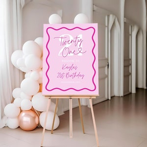 Pink Wavy Welcome Sign 21st Birthday for Her Template, Modern Twenty One Birthday Party Decor Girl, Editable Template Scalloped, Corjl PP84