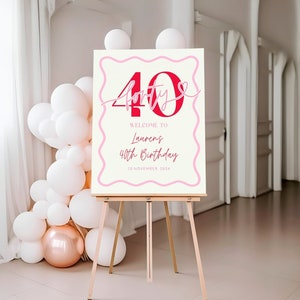 Wavy Border Welcome Sign 40th Birthday Women, Pink Red Scalloped 40th Birthday Party Decor for Her, Editable Forty Welcome Board, Corjl PP84
