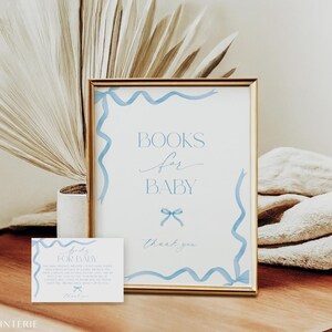 Coquette Blue Bow Books For Baby Card Template, Boy Baby Shower Book Request Insert Printable, Please Bring A Book Instead, Corjl PP87