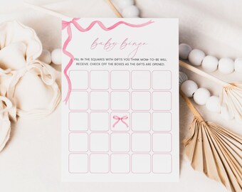 Coquette Pink Bow Baby Shower Bingo Cards Printable, Girl Baby Bingo Game Template, Fun Baby Activity Editable, Baby Gift Bingo, Corjl PP86