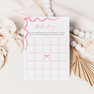 Coquette Pink Bow Baby Shower Bingo Cards Printable, Girl Baby Bingo Game Template, Fun Baby Activity Editable, Baby Gift Bingo, Corjl PP86