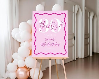 Pink 30th Birthday Wavy Border Welcome Sign for Her, Modern Scalloped 30th Birthday Party Welcome, Editable Thirty Welcome Board, Corjl PP84