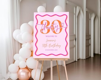 Wavy Border Welcome Sign 30th Birthday For Her, Pink Orange Scalloped 30th Party Welcome Poster Women, Modern Editable Thirty, Corjl PP84