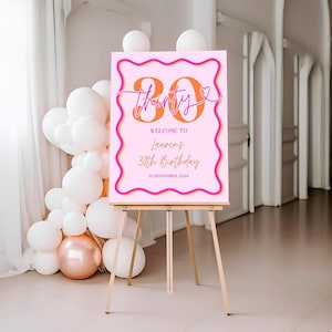 Wavy Border Welcome Sign 30th Birthday For Her, Pink Orange Scalloped 30th Party Welcome Poster Women, Modern Editable Thirty, Corjl PP84