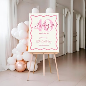 Pink Wavy Border Welcome Sign 40th Birthday For Her, Scalloped 40th Birthday Party Decor Women, Editable Forty Welcome Poster, Corjl PP84