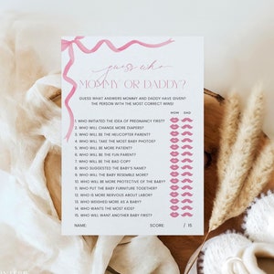 Guess Who Mommy Or Daddy Baby Shower Template, Pink Coquette Bow Who Said It Mom or Dad, Editable Baby Trivia, Printable Download Corjl PP86