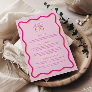 Wavy Let's Eat Menu Card Template, Modern Pink Orange Scalloped Birthday Bridal Menu Printable, Editable Wave Border Download, Corjl PP84