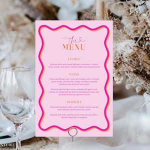 Wavy Menu Card Template, Modern Pink Orange Scalloped Birthday Bridal Wedding Menu Printable, Editable Wave Border Party Download Corjl PP84