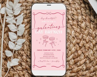 Digital Galentine's Day Brunch Invitation Editable Template, Modern Valentine's Party Phone Invite Printable, Coquette Hand Drawn Corjl PP95