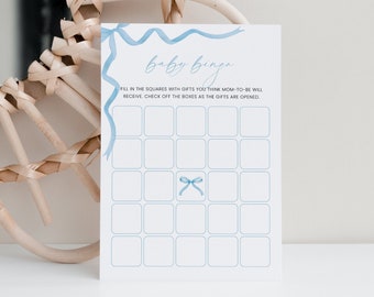 Blue Bow Baby Shower Bingo Cards Printable, Coquette Baby Bingo Game Template, Fun Baby Activity Editable, Boy Baby Gift Bingo, Corjl PP87