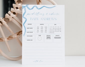 Blue Bow Baby Predictions and Advice Card Printable, Coquette Boy Baby Shower Games Fun, Advice and Wishes for Parents Printable, Corjl PP87